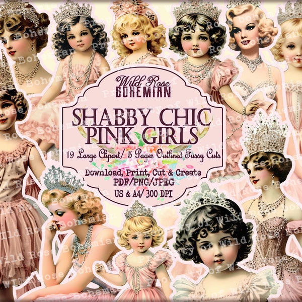 SHabby Chic  Beauties with Crowns Clipart, l Photos with Crowns, Shabby CHic Girls Graphics, Collage Sheet, Vintage Princess Clipart