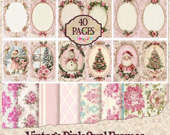 May include: A digital collage sheet with 40 pages of vintage pink oval frames, featuring Christmas-themed illustrations like a snowman, a Christmas tree, and Santa Claus. The collage sheet also includes various pink and white patterned backgrounds.