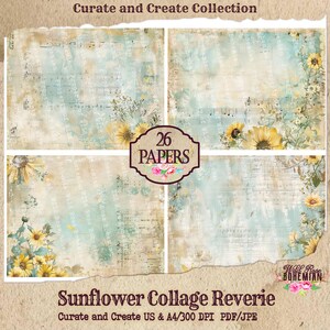 May include: A digital collage sheet featuring 26 sunflower designs with a vintage, distressed, and musical theme. The sheet is perfect for scrapbooking, card making, and other paper crafts.