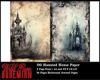 Haunted House Printable Paper, Halloween Haunted House Junk Journal Kit, Halloween Junk Journal Ephemera, Junk Journal Haunted House Grunge