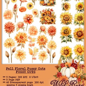 May include: A set of 40 digital fall floral fussy cuts, including sunflowers, pumpkins, and dahlias. The images are transparent PNGs, 300 dpi, and approximately 5 pixels high. The text "Wild Rose Bohemian" is at the bottom of the image.