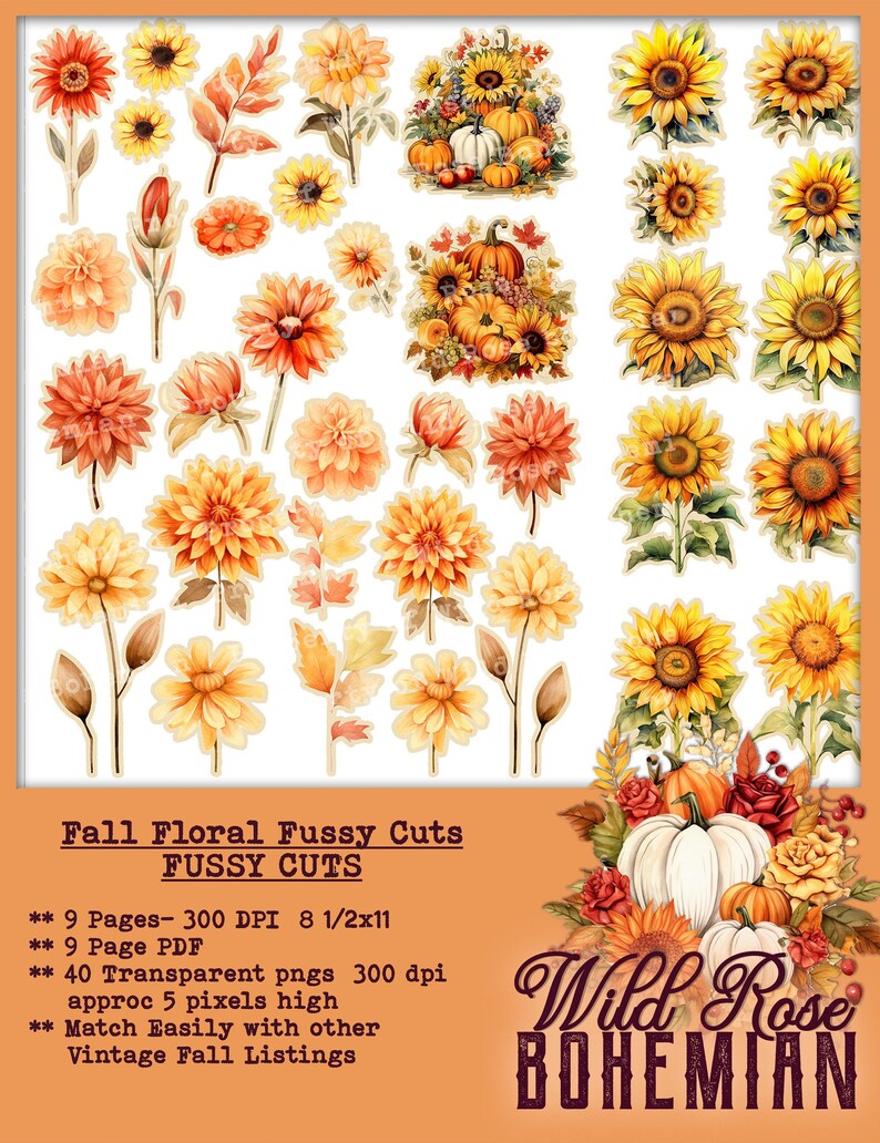 May include: A set of 40 digital fall floral fussy cuts, including sunflowers, pumpkins, and dahlias. The images are transparent PNGs, 300 dpi, and approximately 5 pixels high. The text "Wild Rose Bohemian" is at the bottom of the image.