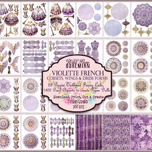Rococo French Dressforms, Wings, Fashion Corsets, 18th Century French Fashion Marie Antoinette,  doiley, purple, and gold, baroque