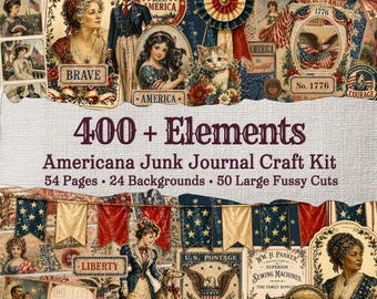 Può includere: Un kit di artigianato digitale a tema Americana, con illustrazioni vintage, immagini patriottiche e il testo "400+ Elements". Include sfondi, ritagli e pagine per junk journal. La tavolozza dei colori comprende rosso, bianco e blu.