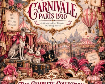 Puede incluir: Un póster decorativo titulado Carnivale Paris 1930 con un galgo, dos conejos, un sombrero de copa y globos aerostáticos. La escena incluye marcos dorados ornamentados, rosas rosadas y el texto Rêve Crée Explore Imagine y The Complete Collection.