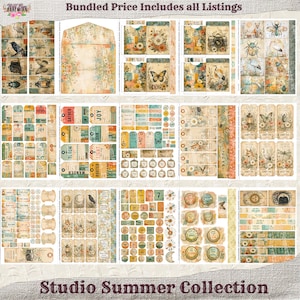 May include: A collection of vintage-style paper ephemera with floral, insect, and botanical illustrations. Includes tags, labels, and decorative elements in a muted color palette. The text "Studio Summer Collection" is visible.