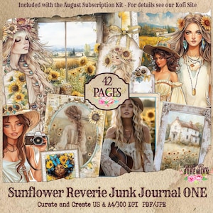 Sunflower Reverie Junk Journal Kit | Sunflower Journal Pages | Digital Paper Ephemera | Distressed Collage Shabby Chic | BOhemian Collage P