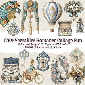 May include: A digital collage sheet with 15 journal images and 65 clipart images in a vintage style. The images include a hot air balloon, a key, a suitcase, a dog, a bicycle, and a variety of floral and decorative elements. The collage sheet is 1800 pixels and 300 DPI.
