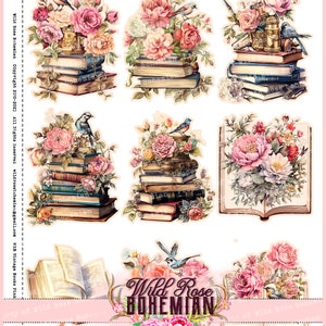Pu&ograve; includere: Un collage digitale con libri antichi, rose rosa e uccelli azzurri. Il testo "Wild Rose Bohemian" &egrave; visualizzato al centro dell'immagine.