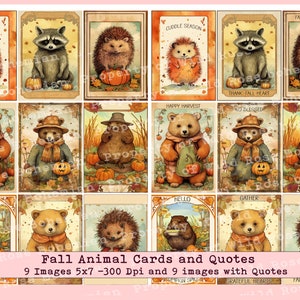 Fall Sentiments Printable Cute Animals, Fall Junk Journal Cards, Fall Cute Animals, Fall Junk Journal Ephemera, Fall Junl Journal Kit