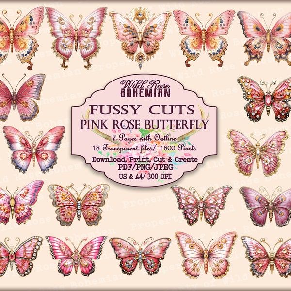 Butterfly Clipart, Ornate Transparent Butterfly PNGS, Vintage Pink and Gold Butterfly Fussy Cuts, Kiss Cuts, 18th Century French Graphics,