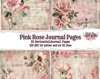 Pink Rose Scrapbook Paper, Printable Shabby Chic Pink Journal Pages, Scrapbookpaper, Junk Journal Ephemera Pages and Paper, Collage Art