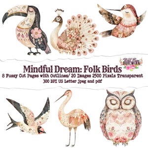 Whimsical Bird Clipart Transparent PNG, Folk Art Bird Mixed Media file, Serene folk clipart Scandinavian clipart in light rose and cream hue