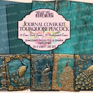 Turquoise Peacock Journal Covers: Art Nouveau Ephemera,  DIgital Scrapbook Paper Art Nouveau collage journal cover, rococo turquoise