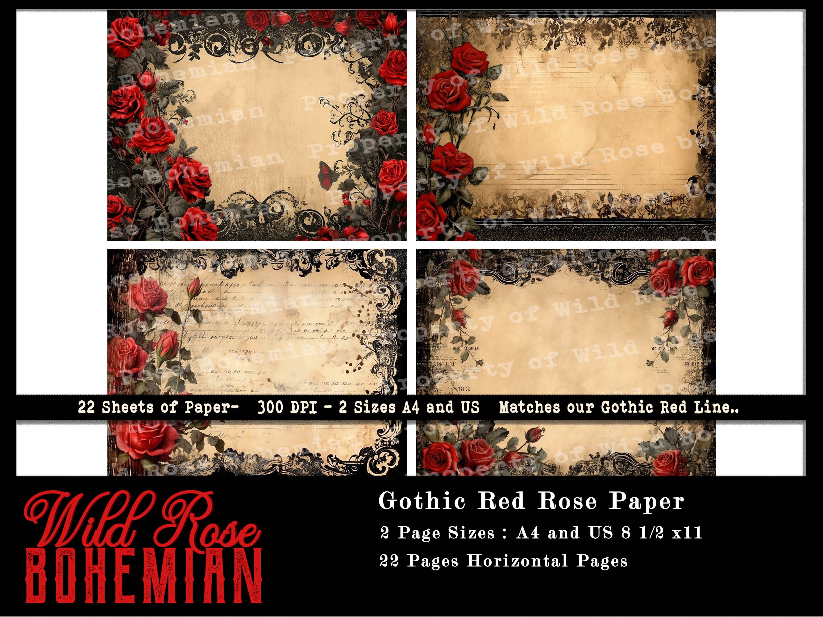 Gothic Junk Journal Paper, Red Rose Gothic Red Rose Ephemera, Red and ...