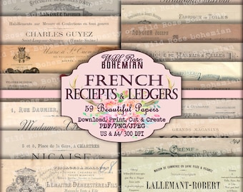 Vintage French Invoices Digital Printable, Printable French Ephemera, French Ephemera Digital, Junk Journal Paper Digital Printable, French