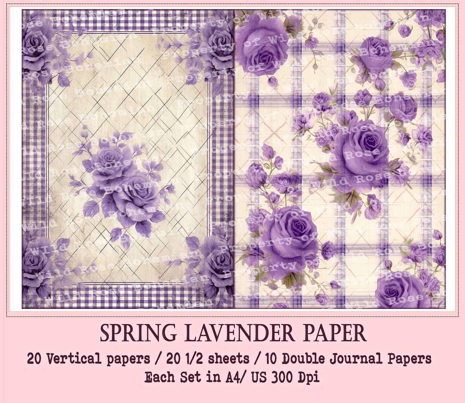 Purple Spring Printable Paper, Shabby Chic Lavender Rose, Lilac ...