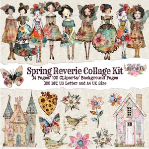 Spring Collage Art Paper Dolls, Mixed Media Girls Printable, Painted Printable fodder Mixed Media, Printable, collage fodder