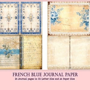 French blue Journal Patterned Paper, Damask French Digital Junk Journal Toile French Paper, Shabby Chic Floral Blue French Paper,