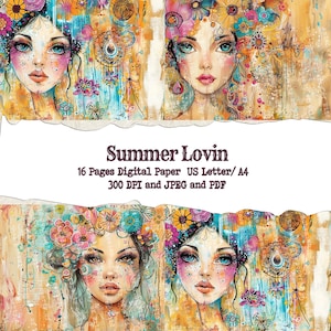 Mixed Media Beauties Paper Pack | Summer Fun Digital Backgrounds |  Printable | Artistic Background Art Girls and Flowers