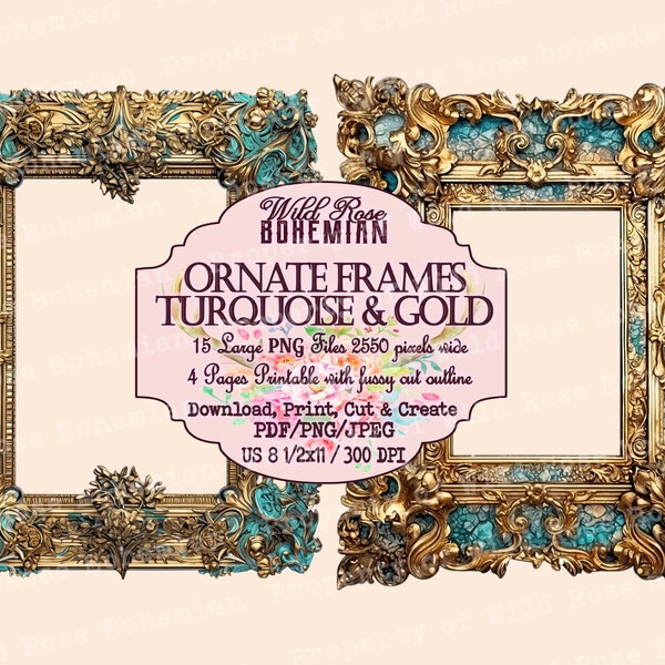 Turquoise and Gold Frames, Ornate Rococo Frames, Art Nouveau Frames, Transparent pNG, Clipart, Fussy CUt sublimation file, printable frames