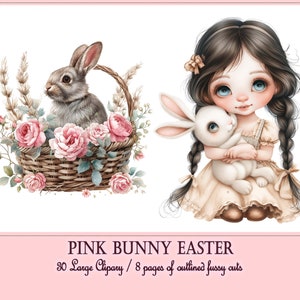 May include: A digital clipart set featuring two illustrations of bunnies. One illustration shows a grey bunny sitting in a basket of pink roses. The other illustration shows a girl with long brown braids holding a white bunny. The text "PINK BUNNY EASTER" is displayed at the bottom of the image.  30 Large Clipart / 8 pages of outlined fussy cuts.