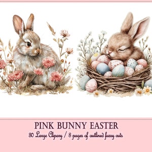 May include: Two watercolour illustrations of pink bunnies. One bunny is sitting in a field of pink flowers. The other bunny is sleeping in a nest of twigs with colourful Easter eggs. The text "PINK BUNNY EASTER 30 Large Cliparts / 8 pages of outlined fussy cuts" is at the bottom of the image.