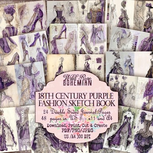 Fashion Sketch Journal, French Fashion, Haute Couture, 18th Century Marie Antoinette Fashion Journal, Baroque Purple Rococo Fashion, Rococo