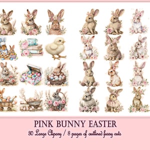 May include: A set of 30 digital clipart images featuring pink bunnies, chicks, and Easter eggs. The images are perfect for crafting, scrapbooking, and other creative projects.  PINK BUNNY EASTER 30 Large Clipart / 8 pages of outlined fussy cuts