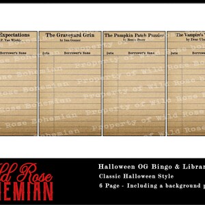 May include: Four printable library card templates with a Halloween theme. Each card has a title, author, date, and borrower's name fields. The cards are designed to look like vintage library cards with a brown paper background and black lines.