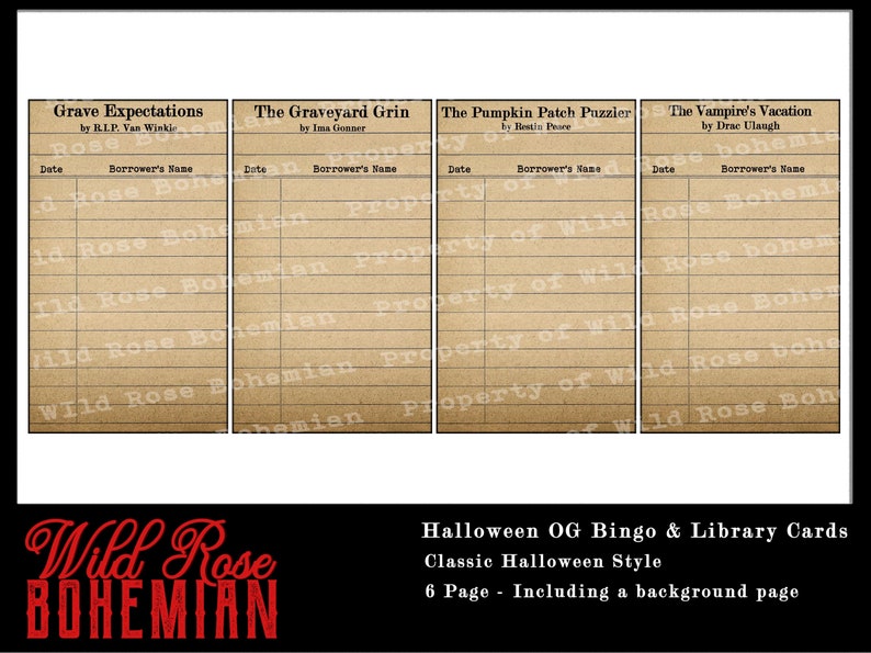 May include: Four printable library card templates with a Halloween theme. Each card has a title, author, date, and borrower's name fields. The cards are designed to look like vintage library cards with a brown paper background and black lines.