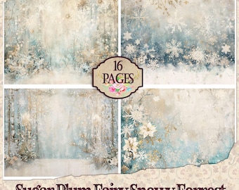 May include: A digital paper pack with 16 pages of winter-themed designs. The designs feature a snowy forest, snowflakes, and a light blue and white color scheme. The text "Sugar Plum Fairy Snowy Forrest" is at the bottom of the image. The text "16 PAGES" is in a brown frame in the center of the image.
