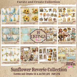 Junk Journal Mega Bundle, Sunflower Reverie Digital Instant Download, Sunflower Fussy Cuts, Bundle and Save Sunflower Reverie Collection