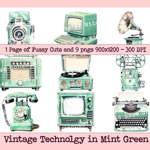 Shabby Chic Television graphics, Vintage Radio clipart, Vintage Green Mint Technology PNG, Printable Fussy Cuts, MInt Green