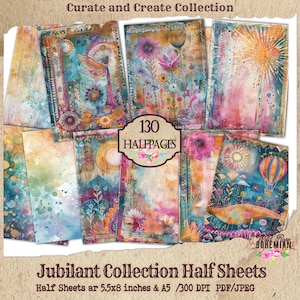 Mixed Media Jubilant Junk Journal Paper | Art Journal | Rainbow Journal Pages | Digital Ephemera | Distressed Collage Whimsy | Half Sheets