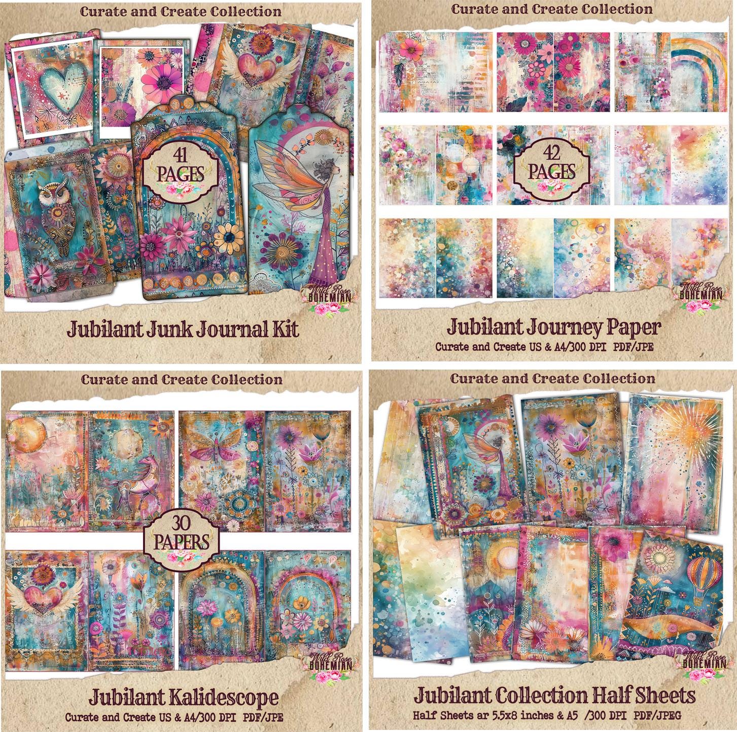 Whimsical Rainbow Junk Journal Kit: Collage Art Ephemera (digital