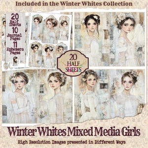 Mixed Media Winter Women Collage Papers – White Mixed Media White on white Digital Designs for junk Journals, Scrapbooking and crafts
