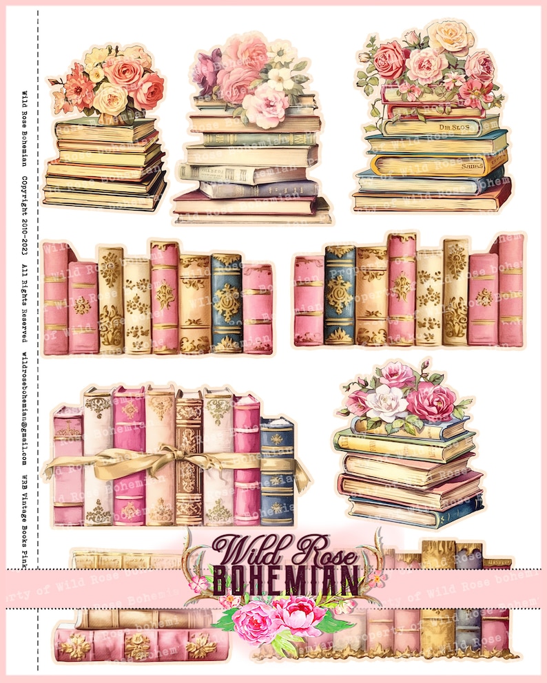 Pu&ograve; includere: Una collezione di pile di libri vintage con accenti rosa e dorati, decorate con mazzi di rose bianche e rosa. Le pile sono disposte in varie configurazioni, tra cui una pila singola, una pila doppia e una lunga fila di libri. Il testo "Wild Rose Bohemian" &egrave; visibile al centro dell'immagine.