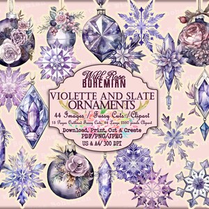 May include: A set of 44 digital images featuring violet and slate ornaments. The images include snowflakes, crystals, and ornaments with floral designs. The images are perfect for crafting, scrapbooking, and other creative projects.