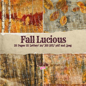 May include: A collage of digital papers with an autumnal theme. The image shows four panels with fall foliage, birch trees, and vintage script overlays. The text "Fall Lucious" is displayed, along with page details.