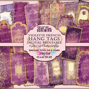 Vintage Violette Tags Junk Journal Ephemera Kit, Vintage Floral Tags, French ephemera, Tag Bundle, Violette and gold Tags Printable,baroque,