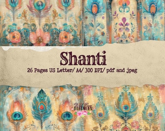 Könnte beinhalten: Digitaler Kunstdruck mit Pfauenfedermotiven in Blau, Orange und Türkis, mit floralen Details. Der Text "Shanti" wird über der Beschreibung "26 Pages US Letter/A4/300 DPI/pdf and jpeg" angezeigt.