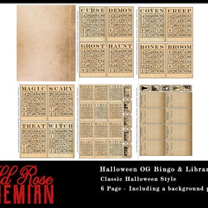 May include: Six printable Halloween bingo cards with a vintage aesthetic. Each card features a different Halloween theme, such as "Curse", "Demon", "Covenant", "Creep", "Ghost", "Haunt", "Bones", "Broom", "Magic", "Scary", "Treat", and "Witch".