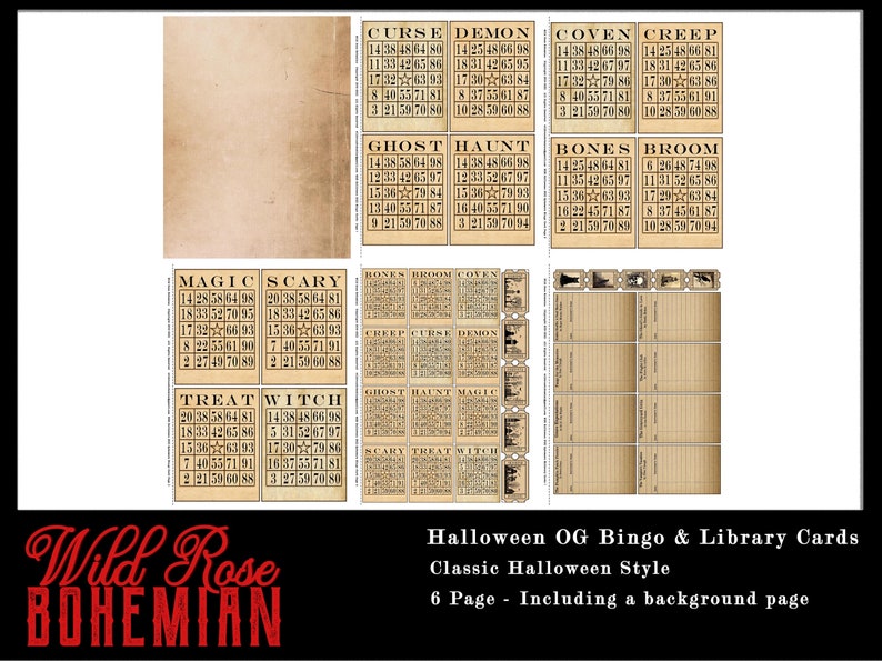 May include: Six printable Halloween bingo cards with a vintage aesthetic. Each card features a different Halloween theme, such as "Curse", "Demon", "Covenant", "Creep", "Ghost", "Haunt", "Bones", "Broom", "Magic", "Scary", "Treat", and "Witch".
