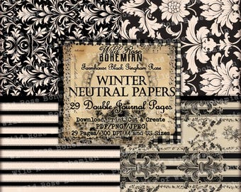 Damask Junk Journal Paper: Black, Cream, Tan (Digital Printable)