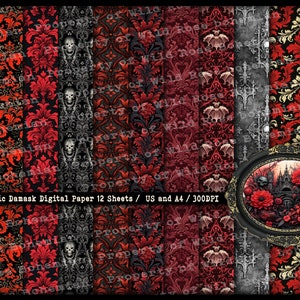 Victorian Gothic Red Damask Floral Printable Paper, Red Damask Gothic Digital Printable Paper, Gothic Halloween Ephemera,