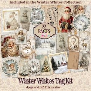 Weihnachten Beige Tag und Ephemera, Neutral VIntage Weihnachten Winter Journal Kit, bedruckbare Ephemera, Weihnachtsmann, Schneemänner, weiße Ephemera, Französisch