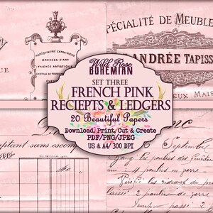 May include: Set of 20 printable French pink receipts and ledgers. The papers feature a vintage aesthetic with delicate floral accents and handwritten text. The papers are perfect for crafting, journaling, and scrapbooking.