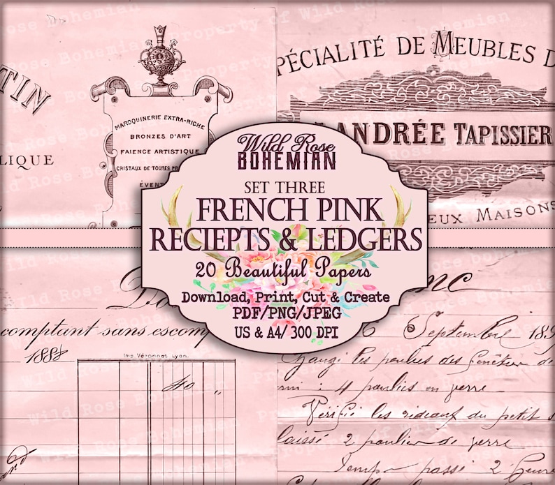 May include: Set of 20 printable French pink receipts and ledgers. The papers feature a vintage aesthetic with delicate floral accents and handwritten text. The papers are perfect for crafting, journaling, and scrapbooking.