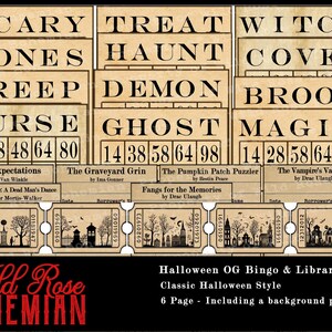 May include: Six vintage-style Halloween bingo cards with spooky themes like "Scary Bones" and "Witch Coven". Each card features a title, a list of numbers, and a small illustration. The cards are printed on a beige background with a distressed look.